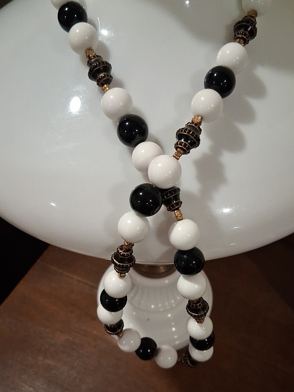 Black and White Beaded Necklace with Antique Gold Accents